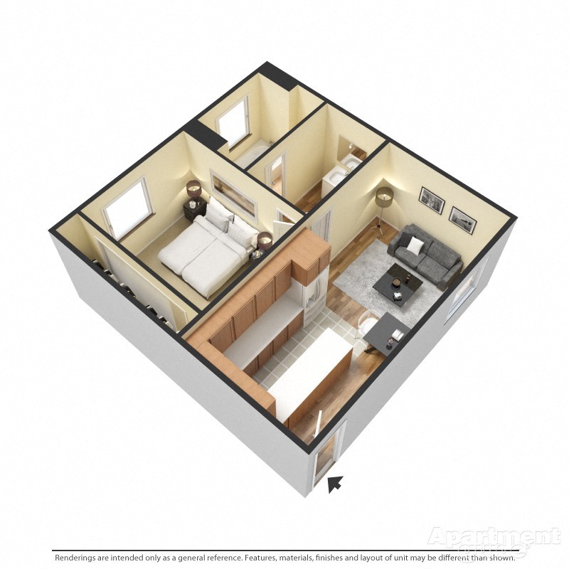 Floor plan for 1 bed, 1 bath, 700 sqft